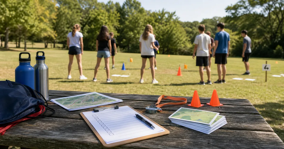 Mesa con planificación de actividades físicas y grupo entrenando al aire libre