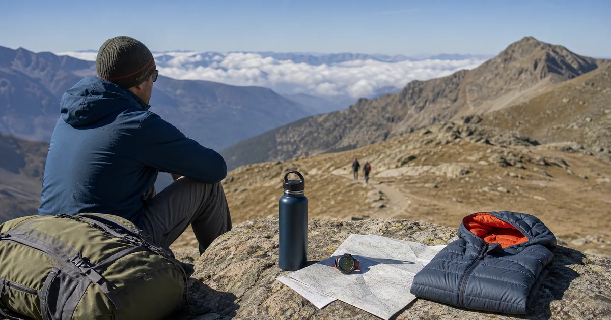 Equipo de senderismo y mapa en una ruta de alta montaña
