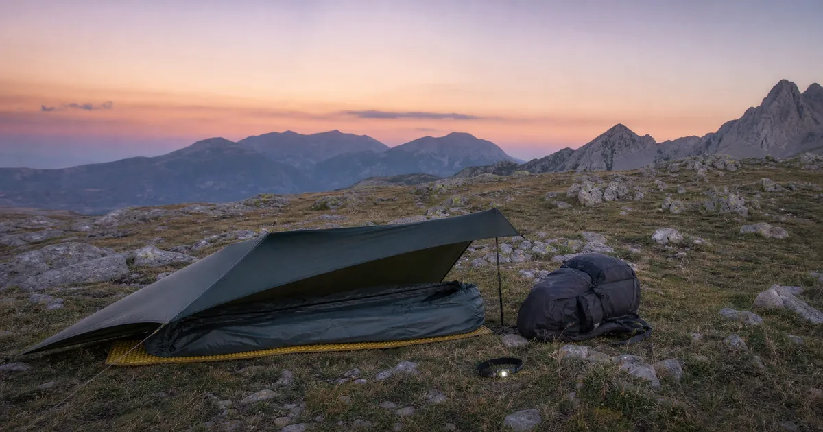 Vivac ligero con tarp bajo y mochila en una zona de monta?a al atardecer